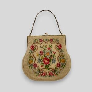 Vintage 1950s Floral Needlepoint Handbag with Chain Handle